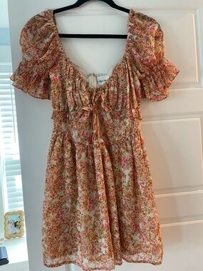 Floral Ruffle Mini Dress - Beige/Pink/Orange